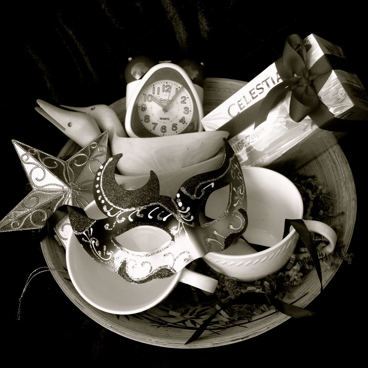 Gift Bowl with Clock and Moon Mask by Rebecca Pyle