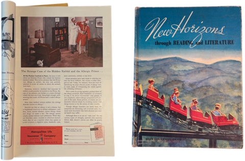Advertisement from National Geographic (1953) and front cover of New Horizons Through Reading and Literature (1958).